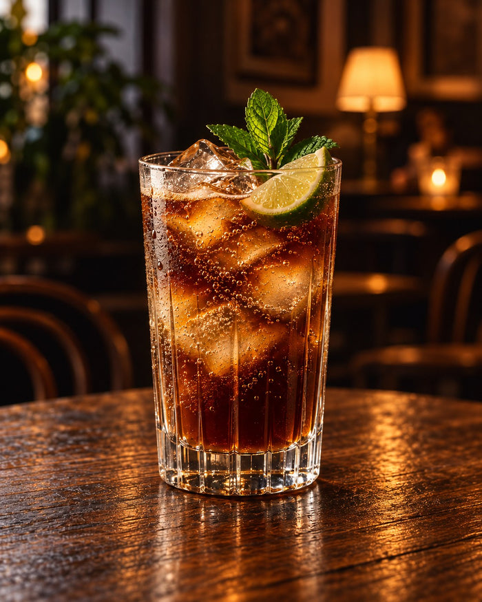 Coffee mule met ijs, limoen en munt in een hoog glas op een donkere houten cafétafel