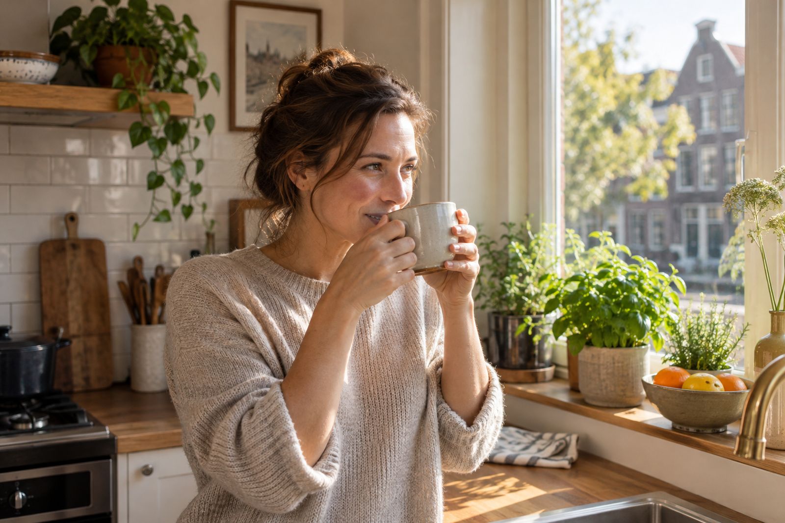 Een vrouw neemt bij het keukenraam de eerste slok van haar middagkoffie.