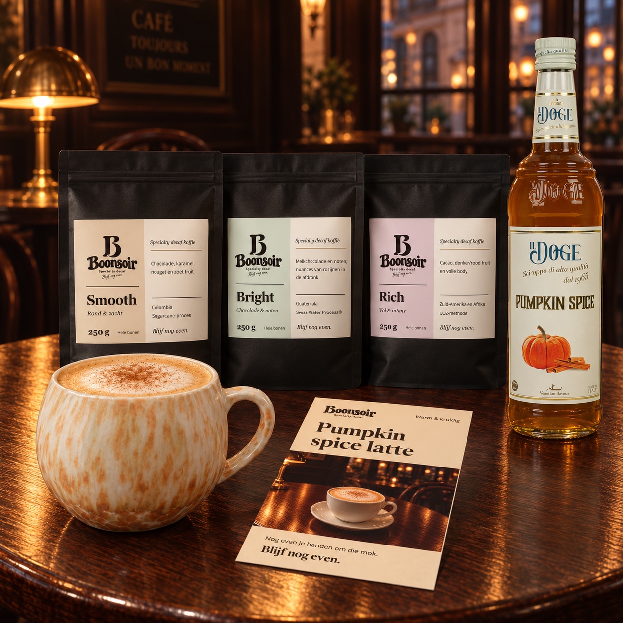 Het Pumpkin Spice-pakket op een cafétafel: Smooth, Bright en Rich, een fles Il Doge Pumpkin Spice-siroop, een amberkleurige mok met latte en de receptkaart.