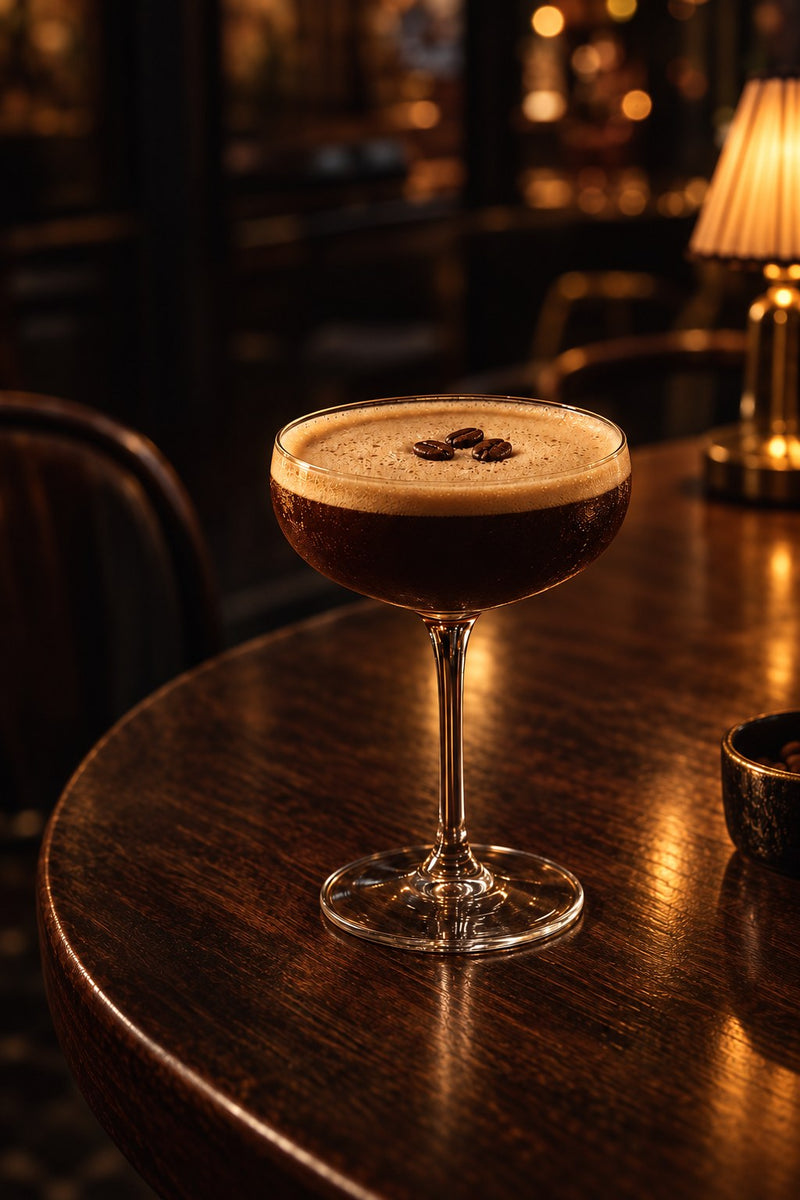 Espresso mocktini in een coupeglas met schuimkraag en drie koffiebonen, op een donkere houten cafétafel bij lamplicht