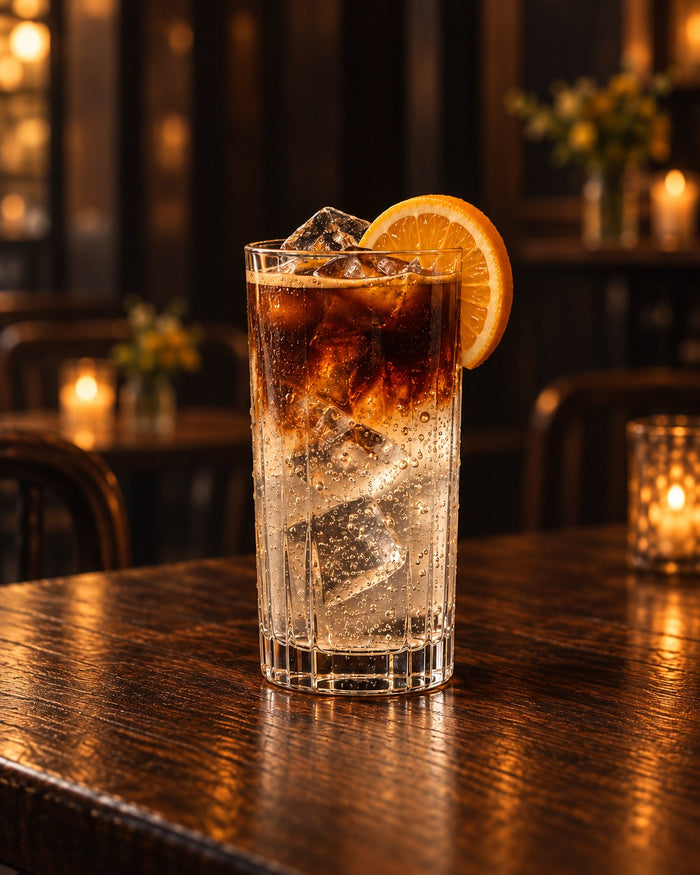 Espresso tonic met ijs en een schijfje sinaasappel in een hoog glas op een donkere houten cafétafel