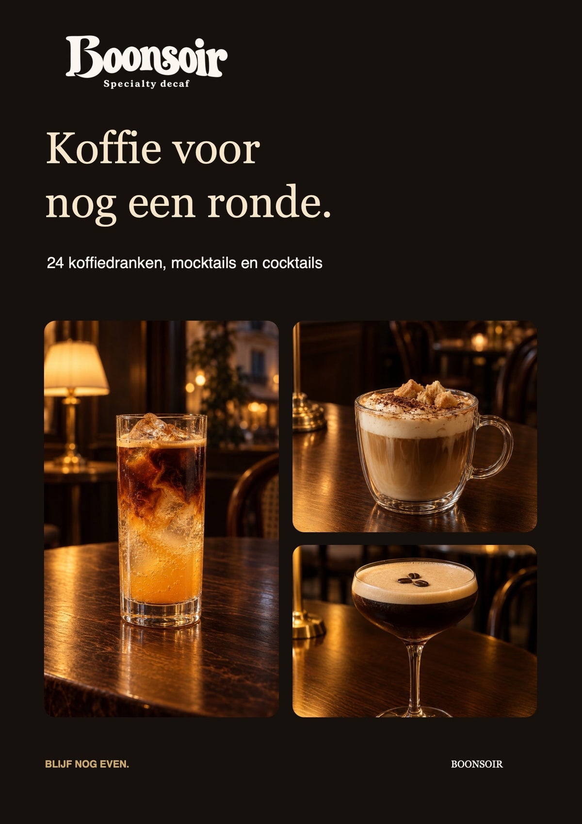 Omslag van het Boonsoir Drankenboek: Koffie voor nog een ronde, 24 koffiedranken, mocktails en cocktails