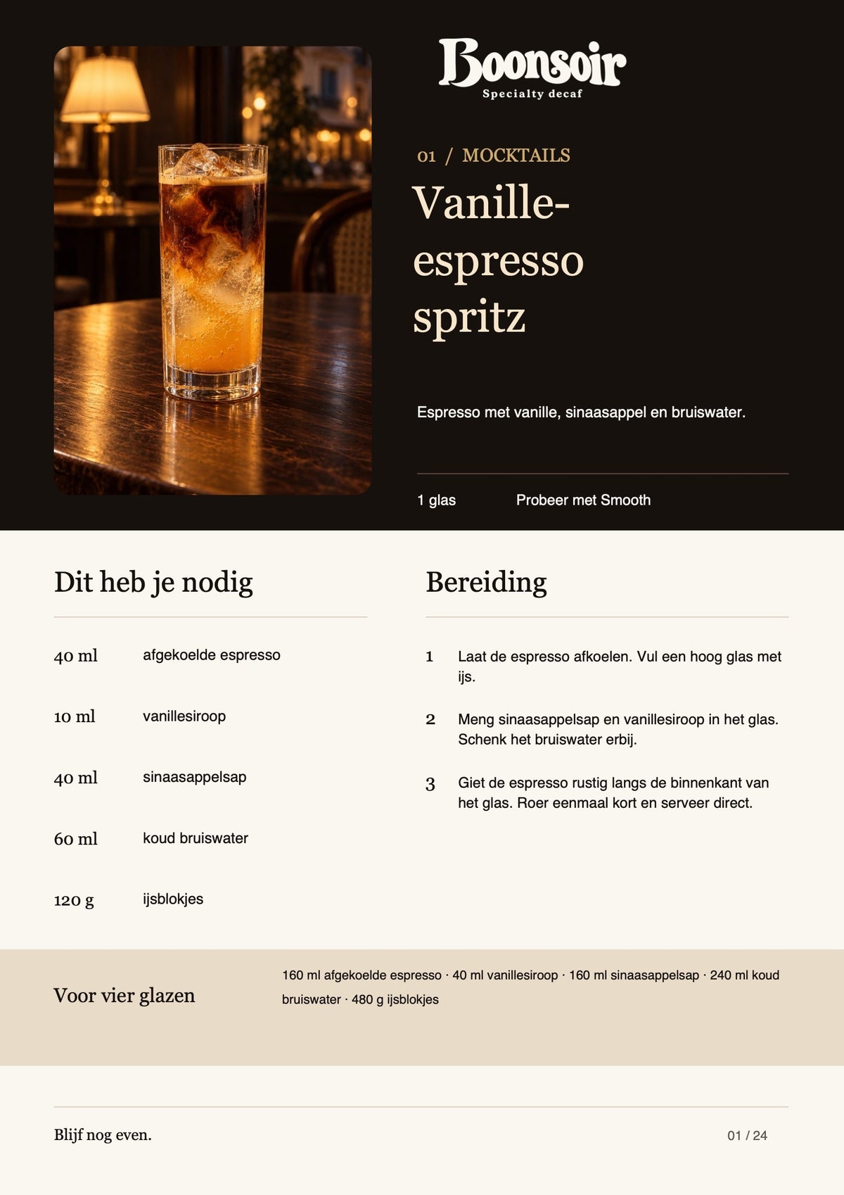 Voorbeeldpagina: recept Vanille-espresso spritz met ingrediënten en bereiding