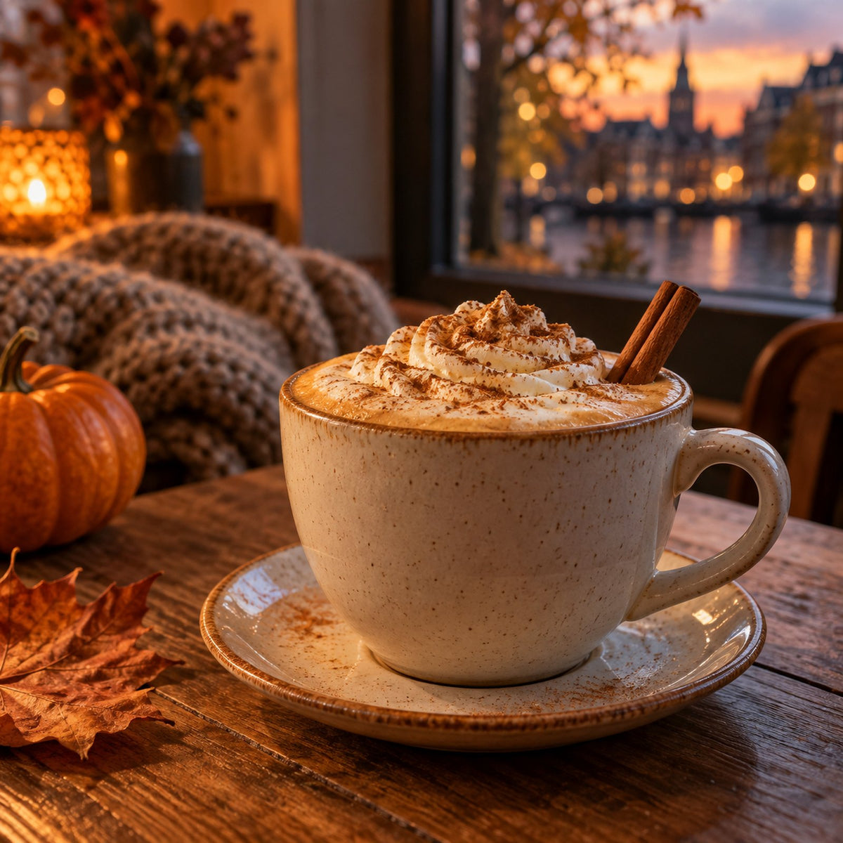 Serveersuggestie: een pumpkin spice latte met kaneel in een crèmekleurige kop.