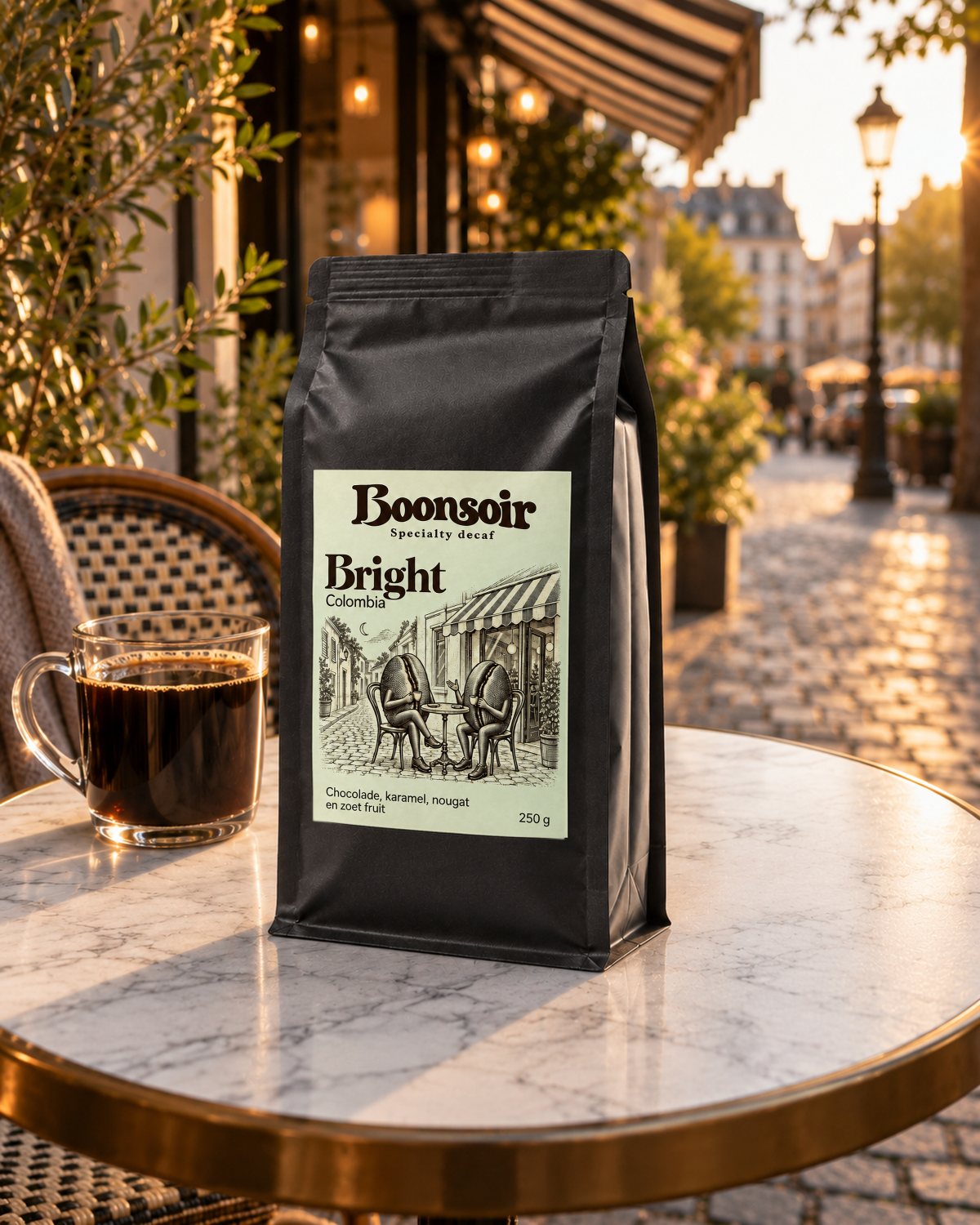 Een zak Bright op een cafétafel