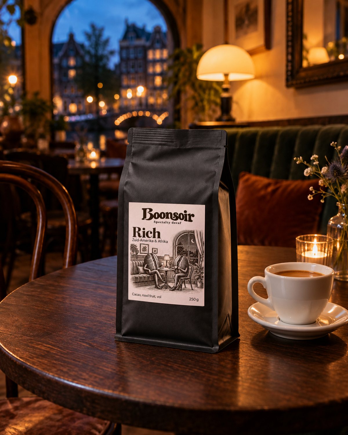 Een zak Rich op een cafétafel