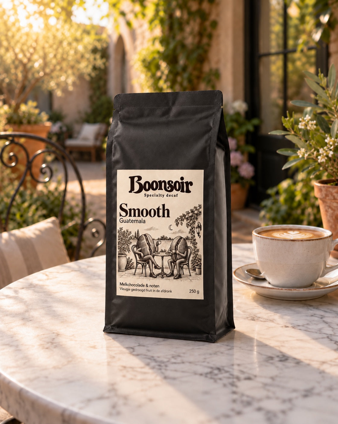 Een zak Smooth op een cafétafel
