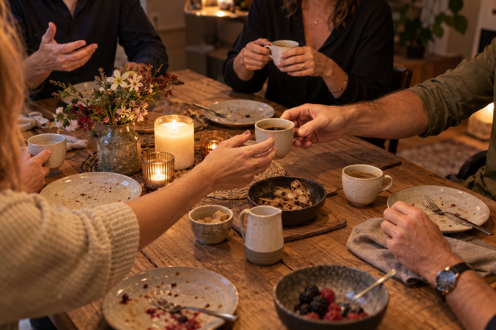 Vrienden aan tafel na het eten, kaarsen en kleine kopjes koffie die worden doorgegeven.